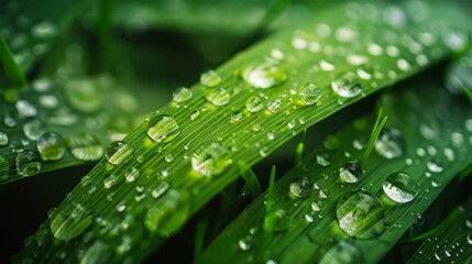 Wall Mural - Water Droplets: A macro close-up photo of water droplets on a blade of grass