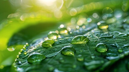 Wall Mural - Water Droplets: A macro close-up photo of water droplets glistening on a green leaf