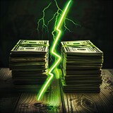 Fototapeta  - Banknoty ułożone w dwóch stosach oraz zielona błyskawica