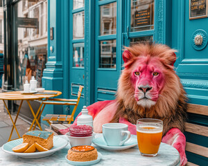 Wall Mural - Lion eating breakfast at a table where there is jam, milk and dishes, next to it are coffee cups with orange juice, on colorful blue walls of an outdoor cafe. Whimsical lion breakfast.