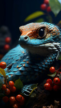 Blue Lizard With Rowan Berries On Dark Background. Closeup