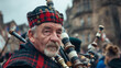 Seasoned bagpiper plays in traditional Scottish attire, his expression focused and filled with pride.