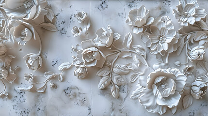 Wall Mural - Light decorative texture of plaster wall with volumetric decorative flowers.