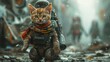 A supersoldier kitten in exoskeleton armor with a camouflaged wool scarf on a reconnaissance mission  Color Grading Teal and Orange