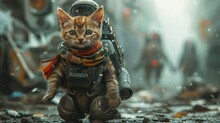 A Supersoldier Kitten In Exoskeleton Armor With A Camouflaged Wool Scarf On A Reconnaissance Mission  Color Grading Teal And Orange