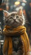 An alien diplomat kitten wearing a ceremonial wool scarf during first contact on a space station