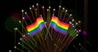 Image of pride rainbow flags and fireworks exploding on black background