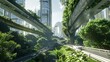 © Bijac - futuristic green sustainable highway in a modern city with skyscrapers and lush vegetation 3d rendering