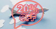 Image of 20 percent off text over plane model with clouds on blue background