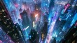 futuristic scifi cityscape with towering skyscrapers flying vehicles and neon lights under dramatic night sky digital art