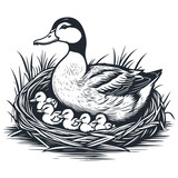 Fototapeta  - Duck and a brood of ducklings in the nest, vector illustration