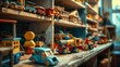 Toy cars lined up on a shelf in a store, ready for play and imagination