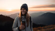 woman standing at sunrise, holding a cup of coffee