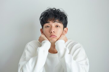 Elegant Asian Man in White Sweatshirt Expressing Sadness Against Vibrant Arri Style Background, Portraying Emotional Contrast.