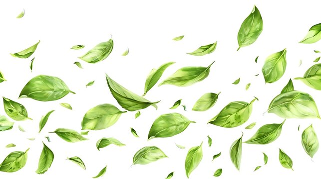 Green leaves flying in the wind on a white background
