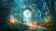 magical portal in a enchanted forest with glowing symbols and mysterious light fantasy digital painting