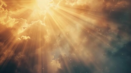 Wall Mural - magical sunbeams breaking through clouds with lens flare effect ethereal light background