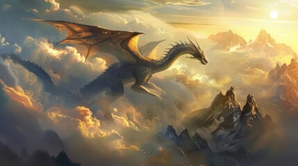 Poster - majestic dragon soaring over misty mountains sunlight filtering through clouds fantasy digital art