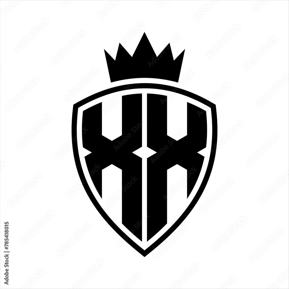 XX Letter monogram shield and crown outline shape with black and white ...