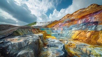 Colorful Copper Mine: The Industrial Beauty of Earth's Natural Minerals and Clouds