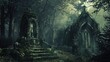 Crypt in the Woods: Dark Fantasy Crypt with Gravestone and Cemetery Background. Illustration Artwork with Forest Ambience