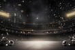 Silver background, lights and golden confetti on the silver background, football stadium with spotlights, banner for sports events, space