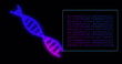 Image of data processing with dna strand on black background