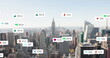 Image of changing numbers, icons in notification bars over aerial view of modern cityscape