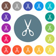Scissors solid flat white icons on round color backgrounds