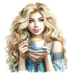 Blonde woman girl with a cup of cappuccino coffee. Watercolor illustration