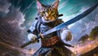 A tabby cat in samurai attire with a sword in his paw AI Generated