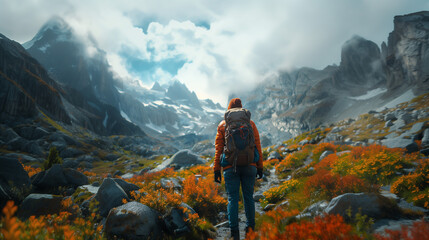 start of a journey, traveler looking at the mountains, rear view