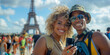 A woman is smiling and holding a cell phone in front of the Eiffel Tower. The scene is lively and joyful, with people around her enjoying the moment