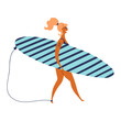 Young woman in swimsuit, with surfboard cute cartoon character illustration. Hand drawn flat style design, isolated vector. Summer holidays, vacations, outdoors, beach activity, seasonal element