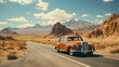 Vintage car on the road in the desert. 3d rendering