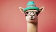 Lama in a bright hat and stylish glasses, against the background of a pink wall, vintage and fashionable style. Isolated studio portrait close up. Funny, cute and unusual image.