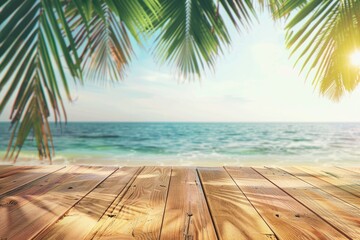 Wall Mural - Wood Background Summer. Beach Seascape with Palm Leaves on Wooden Table