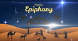Image of happy epiphany text over snow falling and nativity scene