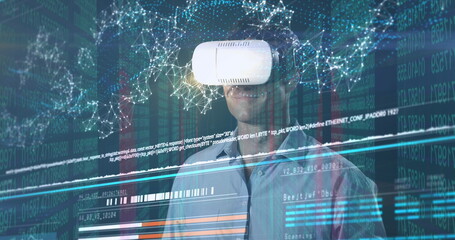 Sticker - Image of data processing over caucasian man with vr headset