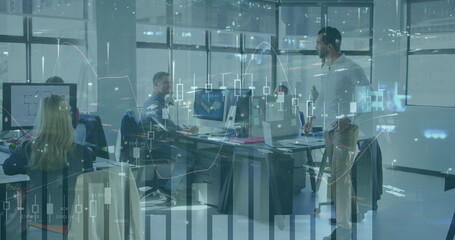 Canvas Print - Image of financial data processing over diverse business people in office and cityscape