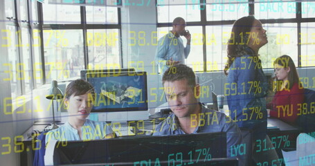 Wall Mural - Stock market data processing against businesspeople working at modern office