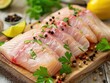 Fresh raw pangasius fish fillet on a wooden board with herbs, spices, black pepper, lemon, lime, and dolly fish tilapia striped catfish!