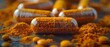 Curcumin Pills Amidst Vibrant Turmeric Powder. Concept Curcumin Supplements, Turmeric Powder, Health Benefits, Natural Remedies, Vibrant Colors