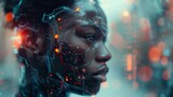 Craft a portrait series that explores the intersection of humanity and technology in a futuristic setting