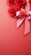 Red ribbon with bow on background, Christmas card concept. Space for text