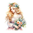 Beautiful lady girl and bouquet of roses flowers, watercolor illustration