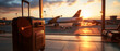 Travel mock with suitcase or luggage,accessories, Bags for trip. Blurred airport background and plane. Vacation, travel, adventure tourism leisure concept. Generative ai