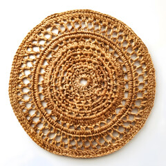 Round handmade crafted crochet raffia placemat with fringes isolated over a white background