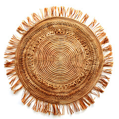 Round handmade crafted crochet raffia placemat with fringes isolated over a white background