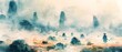 A Lone Ronin s Ethereal Passage Through a Misty Watercolor Landscape Dotted with Ancient Stones